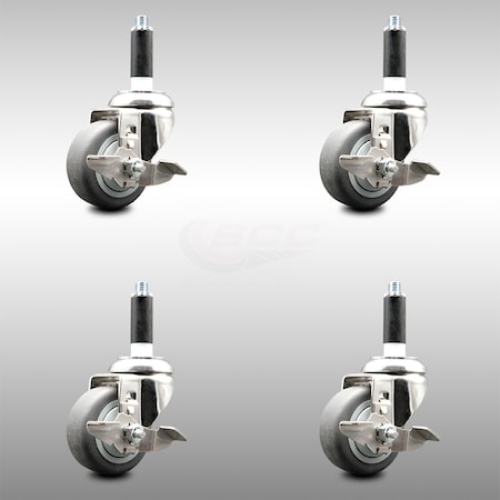 Service Caster 3.5 Inch 316SS Thermoplastic Rubber Swivel 7/8 Inch Stem Caster Set Brake SCC SCC-SS316EX20S3514-TPRB-TLB-78-4